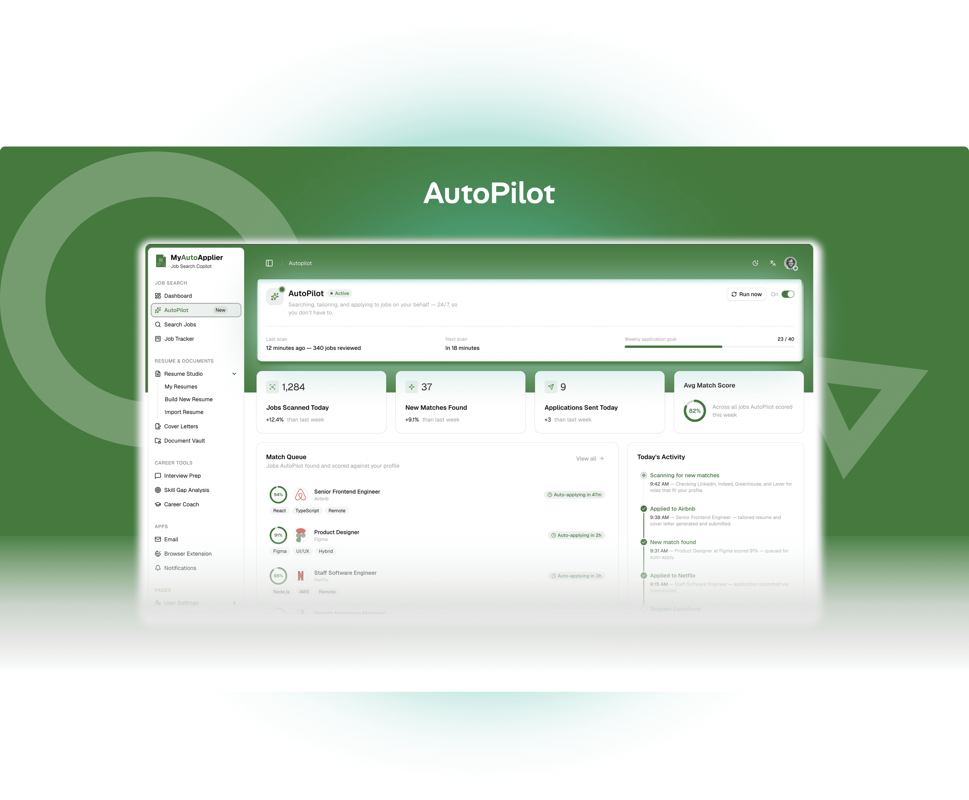 AutoPilot screen showing the live match queue, activity feed, and automation controls