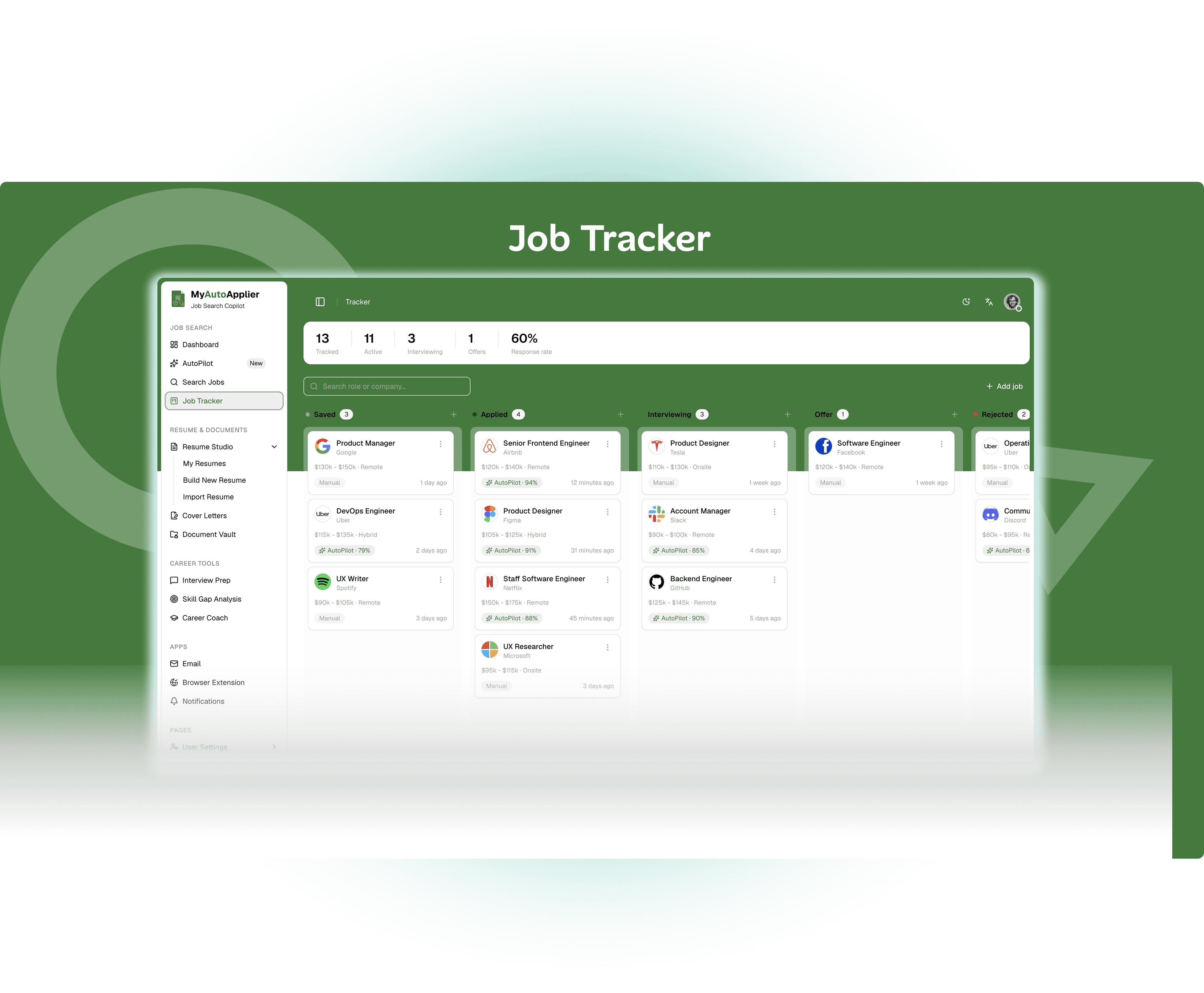 Job Tracker kanban board with applications organized across pipeline stages